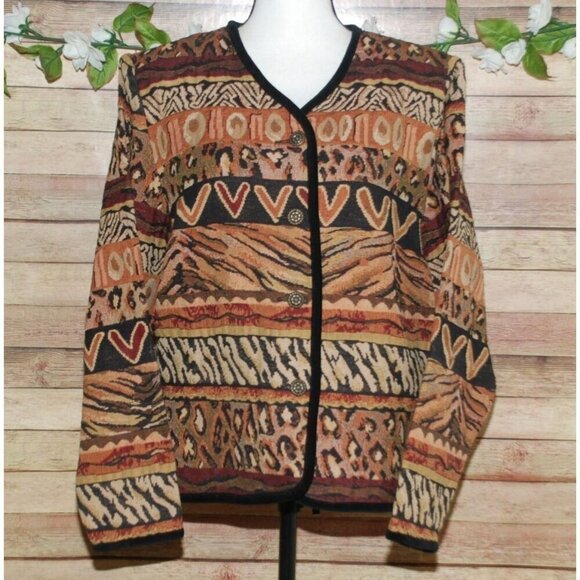 Stonebridge Brown Tapestry Button Up Jacket Size L Animal Print  Velvet Trim - Picture 1 of 12